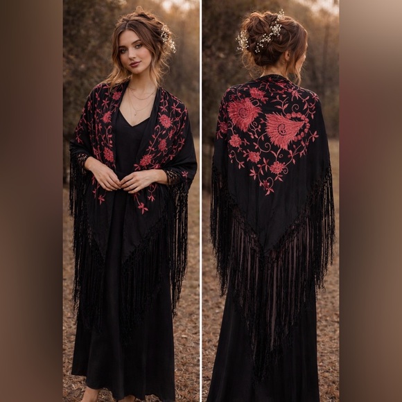 Vintage Silk Piano Shawl - Black Long Fringe Shawl with Red Floral Embroidery - Picture 8 of 10